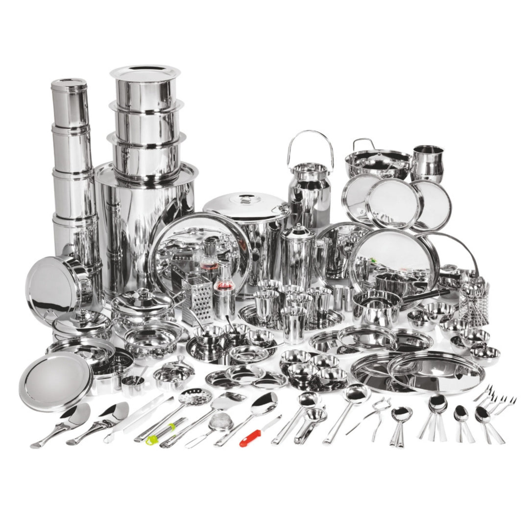 विनोद स्टेनलेस स्टील 121 पीस डीलक्स गृह प्रवेश सेट