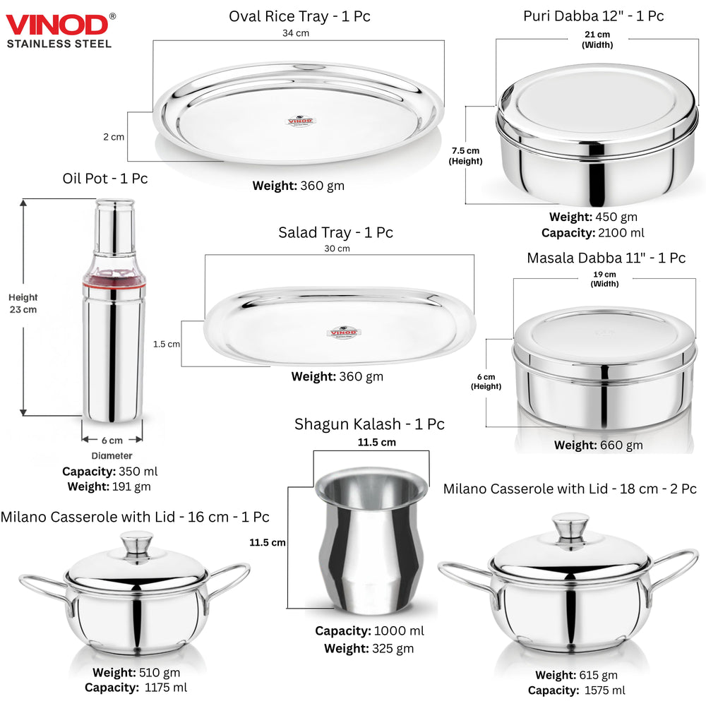 Vinod 121 pieces deluxe griha pravesh set a grand gifting collection for weddings, angled view
