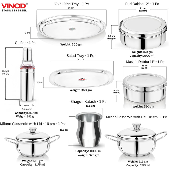 विनोद स्टेनलेस स्टील 121 पीस डीलक्स गृह प्रवेश सेट
