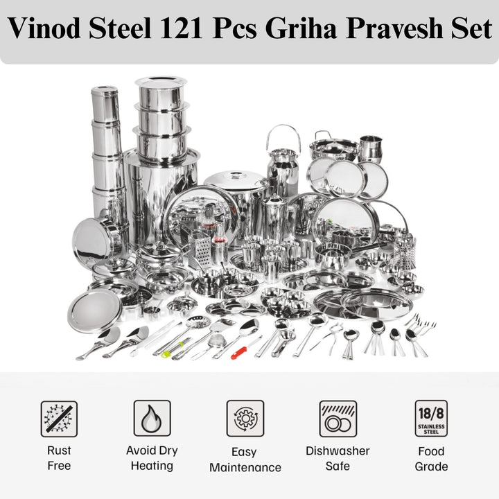 विनोद स्टेनलेस स्टील 121 पीस डीलक्स गृह प्रवेश सेट