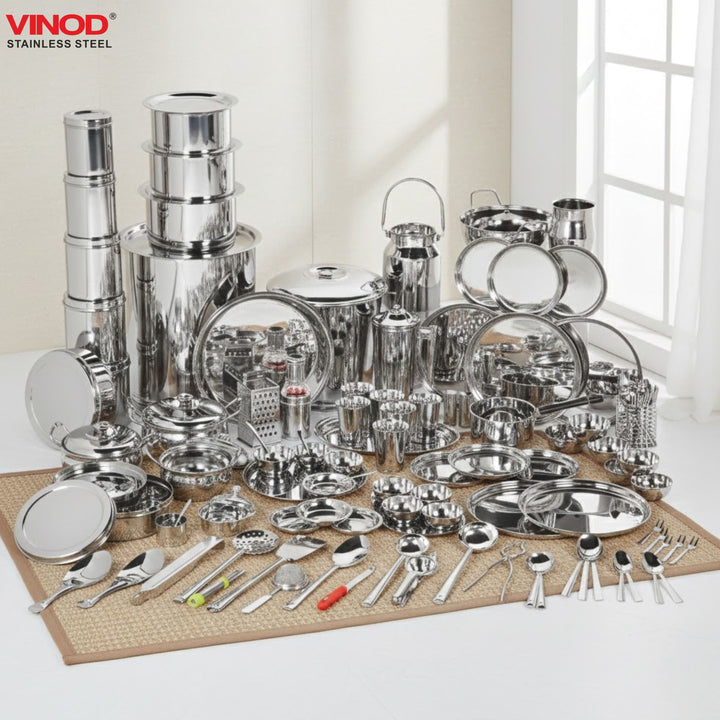 विनोद स्टेनलेस स्टील 121 पीस डीलक्स गृह प्रवेश सेट