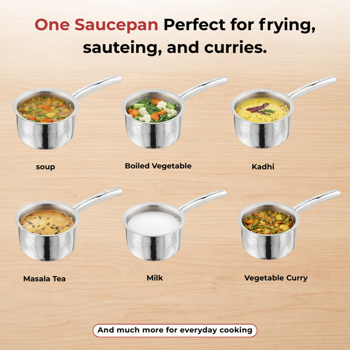 Vinod – Claro Heavy Gauge Stainless Steel Hammered Sauce Pan, 1.5 mm – Capacity 900 ml