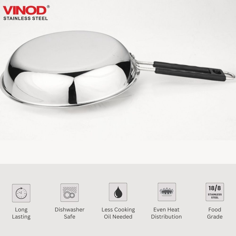 Vinod Stainless Steel Heavy Bottom Royal Fry Pan Dishwasher Safe, Gas Stove & Induction Compatible, Durable, 22 Cm Frying Pan, Soft Touch Handle, Kitchen Utensil