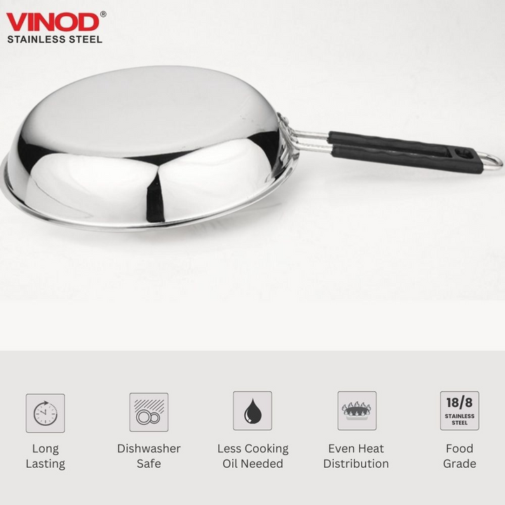 Vinod Stainless Steel Heavy Bottom Royal Fry Pan Dishwasher Safe, Gas Stove & Induction Compatible, Durable, 22 Cm Frying Pan, Soft Touch Handle, Kitchen Utensil