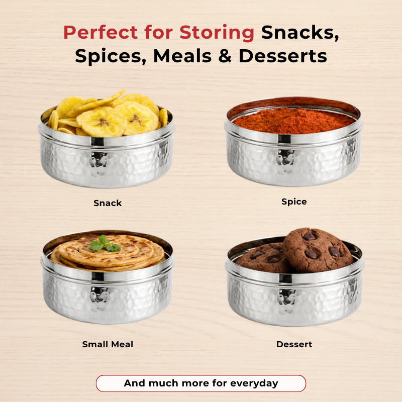 Vinod hammered stainless steel puri dabba set of 4, 300 ml to 1000 ml, airtight lids, product view 14