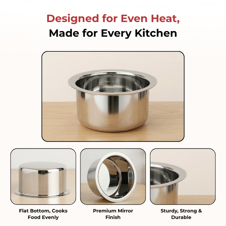 VINOD Stainless Steel Round Bottom Tope No 16 Capacity 4.6 Liter, Highest Grade Steel, Mirror Finish & Rust Free