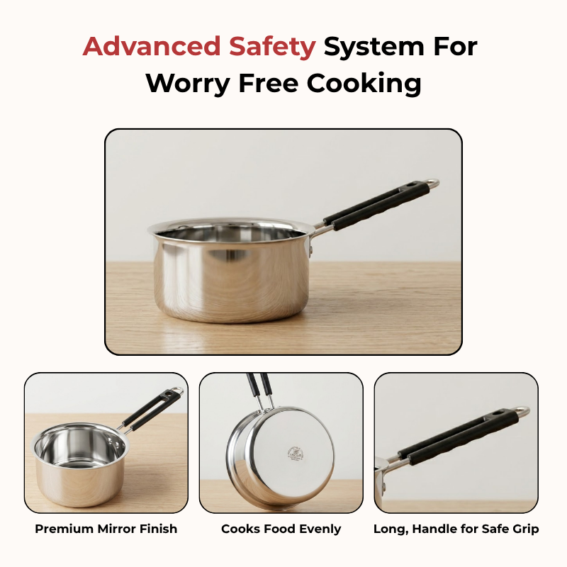 विनोद स्टेनलेस स्टील रॉयल सॉसपैन लंबे साइड हैंडल के साथ, चाय/दूध पैन, क्षमता 900 मिलीलीटर (नंबर 9)