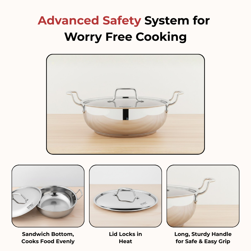 Vinod Doniv Stainless Steel Majestic Sandwich Bottom Kadai with Steel Lid, product view 12