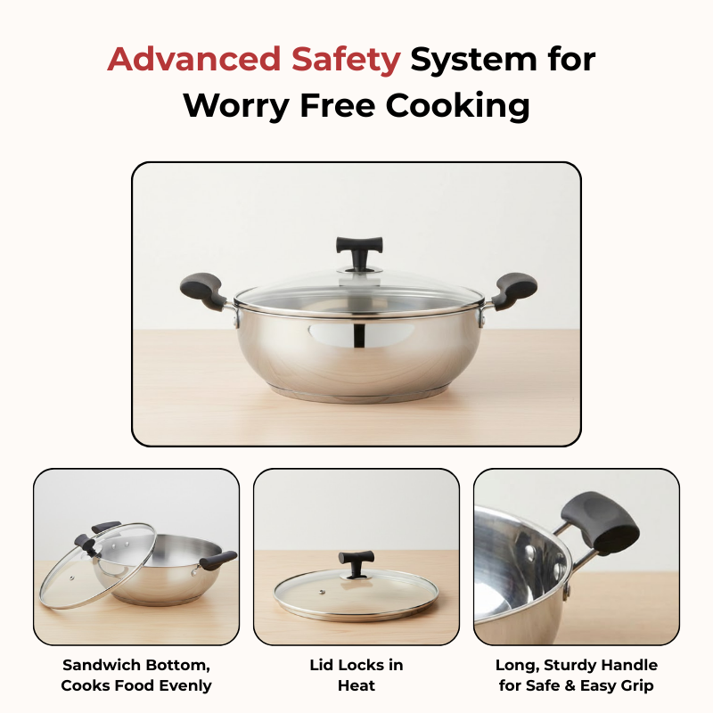 Vinod Doniv Stainless Steel Sandwich Bottom Solitaire Kadai With Glass Lid & Side handle, product view 12