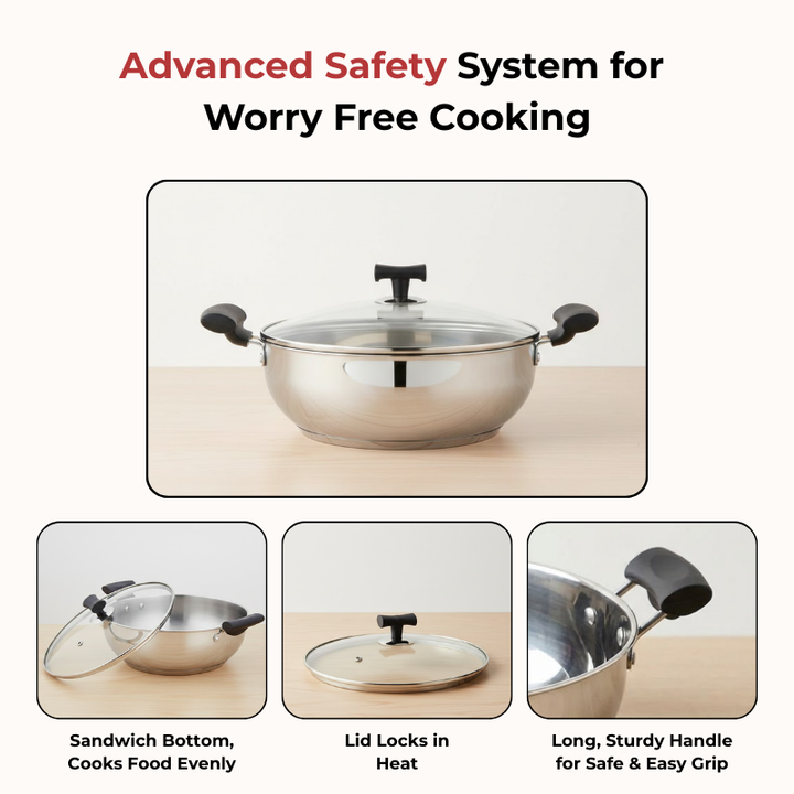 VINOD – DONIV Stainless Steel Sandwich Bottom Solitaire Kadhai With Glass Lid & Side handle, Induction Friendly, Capacity 5.5 Ltr (30cm)