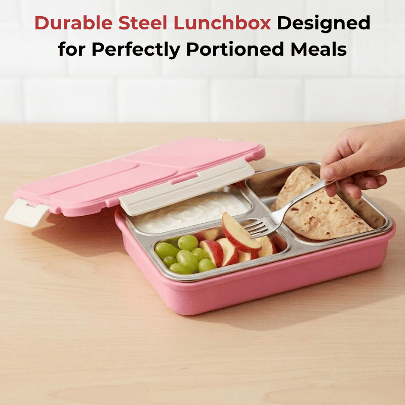 Vinod stainless steel 3 compartment tiffin in pink, silicone-sealed airtight lid, top view