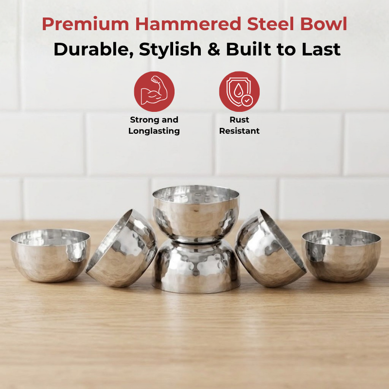Vinod Stainless Steel Royal Hammered Bowl, Set of 6 Pieces, No. 6, top view