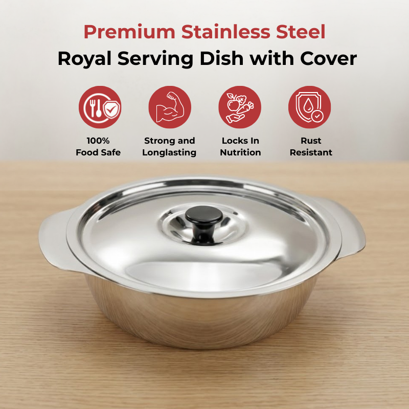 VINOD Stainless Steel Royal Veg Serving Dish with Cover - 350 ml Capacity, Highest Grade Stainless Steel, Dishwasher Safe, Tough & Strong
