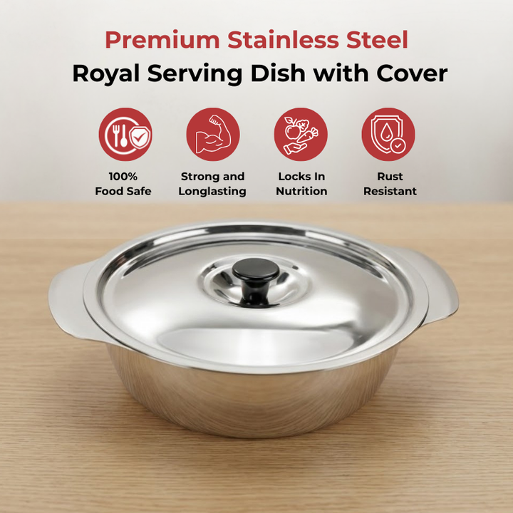 VINOD Stainless Steel Royal Veg Serving Dish with Cover - 350 ml Capacity, Highest Grade Stainless Steel, Dishwasher Safe, Tough & Strong