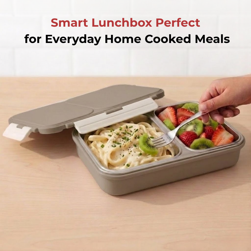 Vinod stainless steel 2 compartment lunch box in grey, silicone-sealed airtight lid, top view