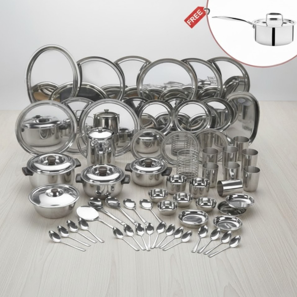 VINOD 85 Pieces Deluxe Dinner Set for Eight Persons with Free Doniv Sauce Pan Perfect for Weddings and Family Gifting