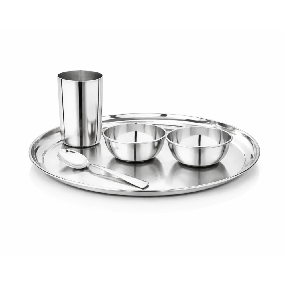 Vinod Stainless Steel Rajbhog Thali Set (5 Pieces) – Stainless Steel Dinner Set with Plate, Bowls, Glass & Spoon