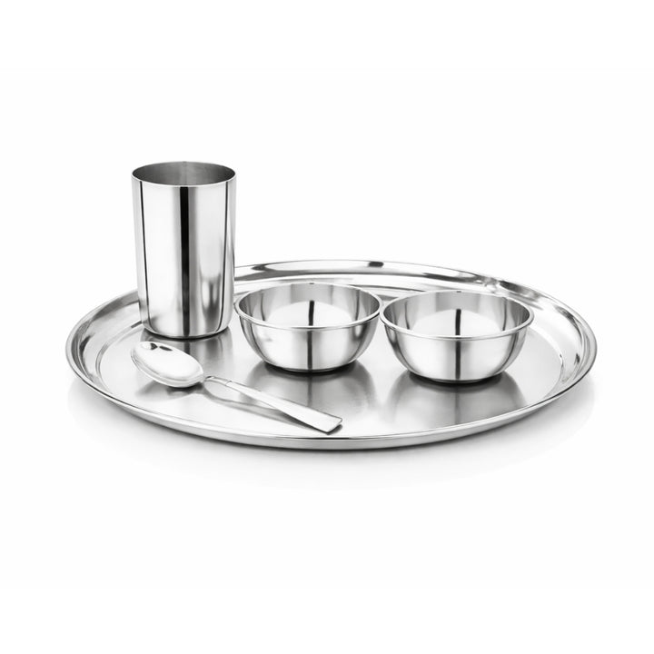 Vinod Stainless Steel Rajbhog Thali Set (5 Pieces) – Stainless Steel Dinner Set with Plate, Bowls, Glass & Spoon