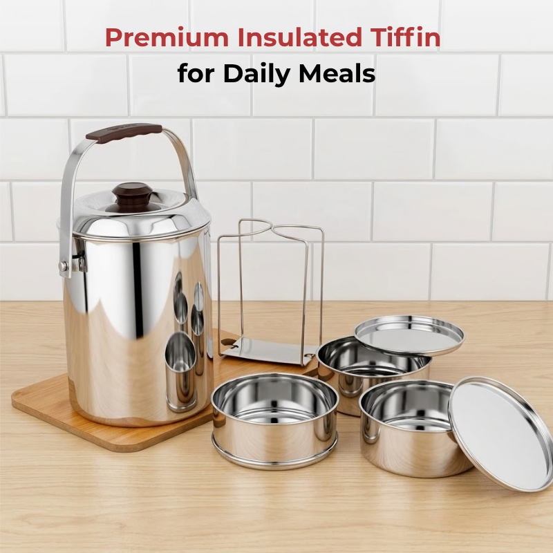 Vinod Stainless Steel Deluxe Hot Tiffin with 3 Compartment, top view