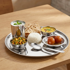 VINOD Stainless Steel Rajbhog Thali 6 Piece Set - 1 Pc Plate, 2 Pcs Bowl, 1 Pc Halwa Plate, 1 Pc Glass & 1 Pc Spoon, High Grade Stainless Steel, Rust Free