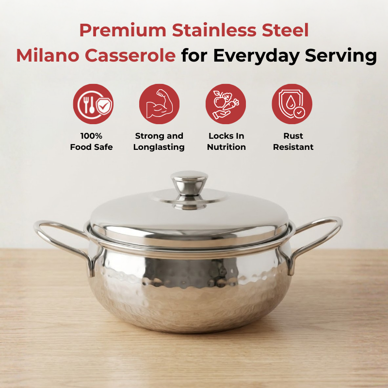 Vinod Stainless Steel Milano Hammered Serving Casserole with Steel Lid & Side Handles, angled view
