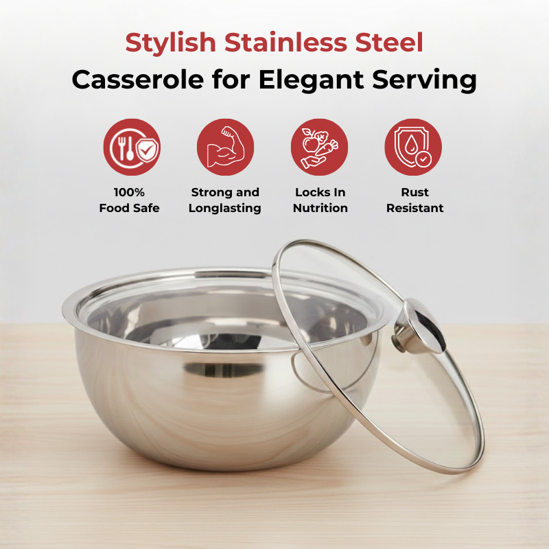 Vinod Stainless Steel Montero Insulated Casserole with Glass Lid & Steel Knob, angled view