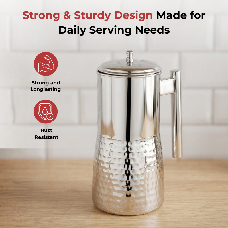 VINOD Stainless Steel Hammered Magnum Water Pitcher / Jug with Cover - 1700 ml, Premium Stainless Steel, Tough & Durable, Dishwasher safe