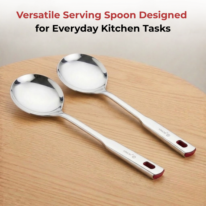 VINOD Stainless Steel Queen Kabdir Serving Spoon / Cooking Spoon /  Spatula Set of 2 - 37 cm, Long Handle High Grade Stainless Steel, Rust Free, Dishwasher Safe - No. 1