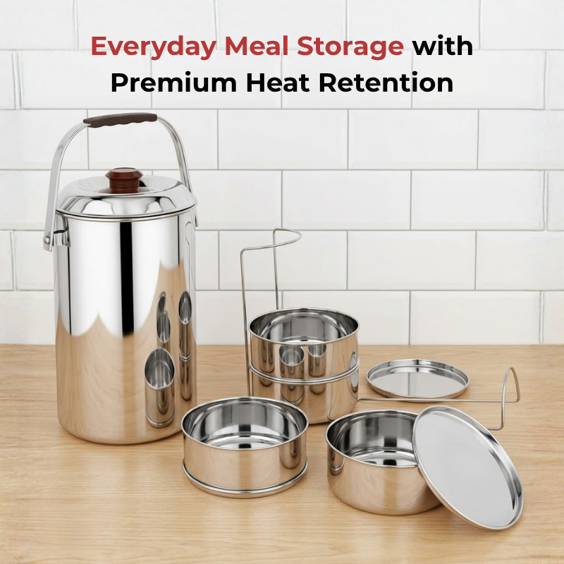 Vinod stainless steel deluxe hot tiffin with 4 compartments, top view