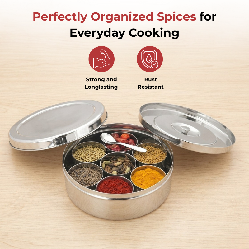 VINOD Stainless Steel Masala Dabba / Spice Box with 7 Containers, Spoon & Inner Lid, Mirror Finish, Rust Free Build - 8 Inch (No.12)