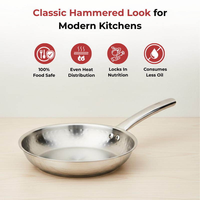 Vinod Claro Heavy Gauge Stainless Steel Hammered Fry Pan with 1.5 mm, angled view