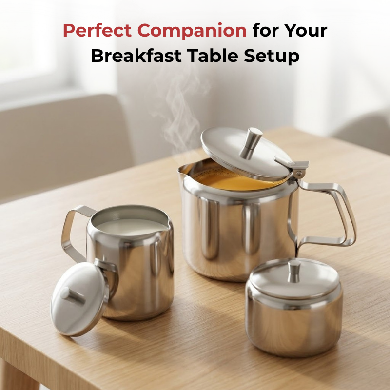 Vinod stainless steel 3 piece large tea set, 1000 ml tea pot with 250 ml milk and sugar pots, top view