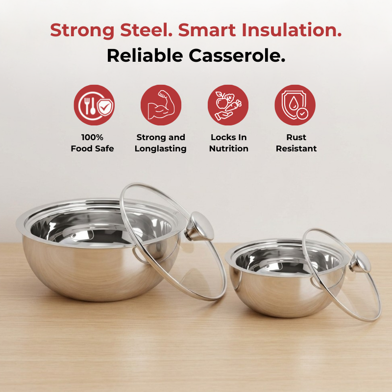 Vinod stainless steel Montero insulated casserole set of 2, 500 ml and 900 ml, angled view