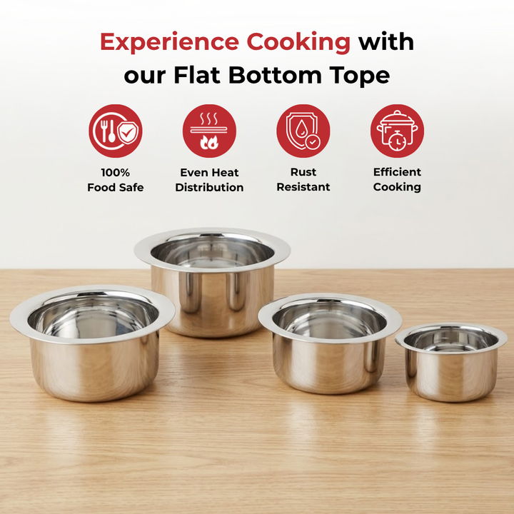 Vinod Stainless Steel Induction Friendly Flat Bottom Cooking Tope With 1.5mm Thickness | 18 Gauge Durable Steel  4 Pcs | Capacity 350ml, 500ml and 750ml  | No 7 to 10