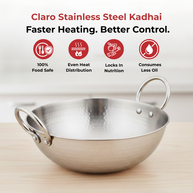 Vinod Claro Heavy Gauge Stainless Steel Hammered Kadai, 2.5 mm, angled view