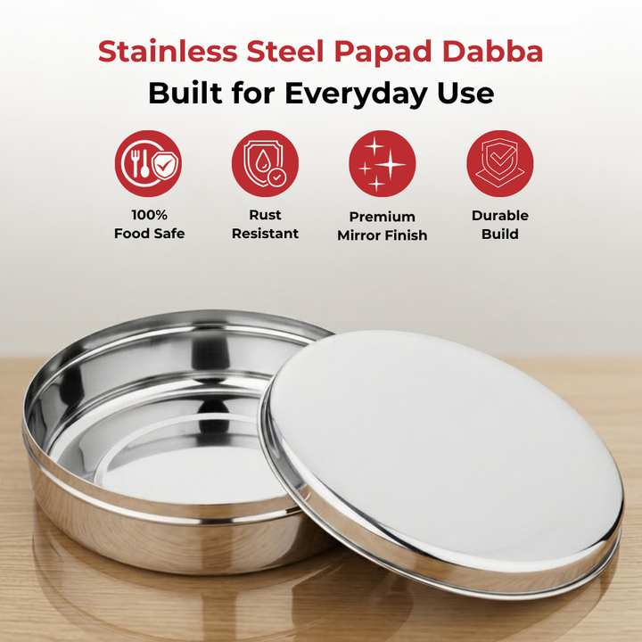 VINOD Stainless Steel Papad Dabba with Mirror Finish, Tough & Strong Build, Rust Free, Easy to Clean & Dishwasher Safe – 9.5 Inch (No.14)