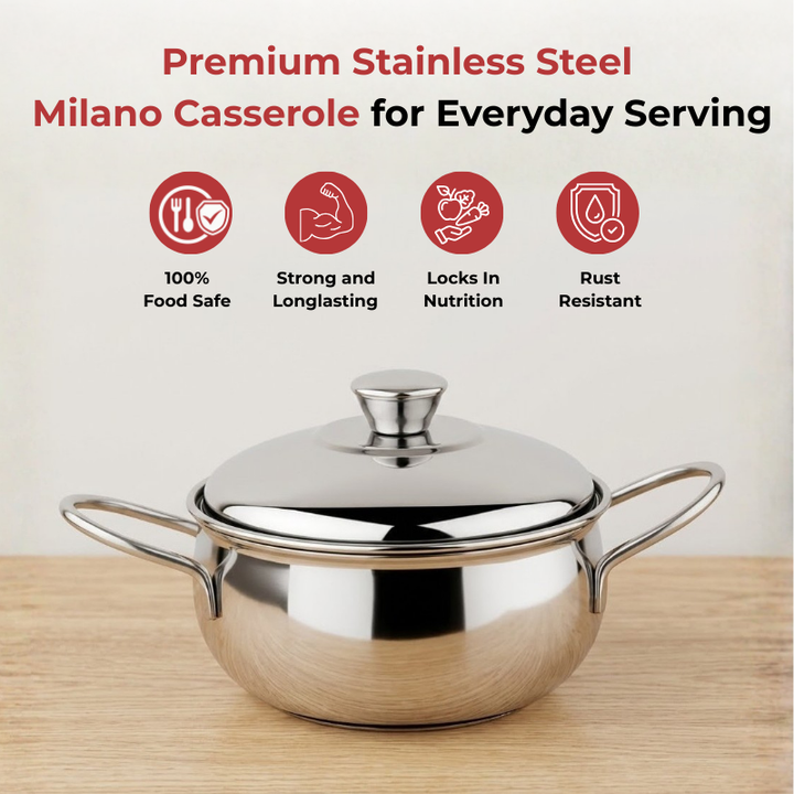 Vinod Stainless Steel Milano Plain Serving Casserole With Steel Lid & Side Handle 2000 ml, 20 cm