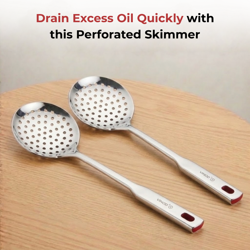 Vinod Stainless Steel Queens Perforated Skimmer Heavy Gauge Strainer, Set of 2, top view