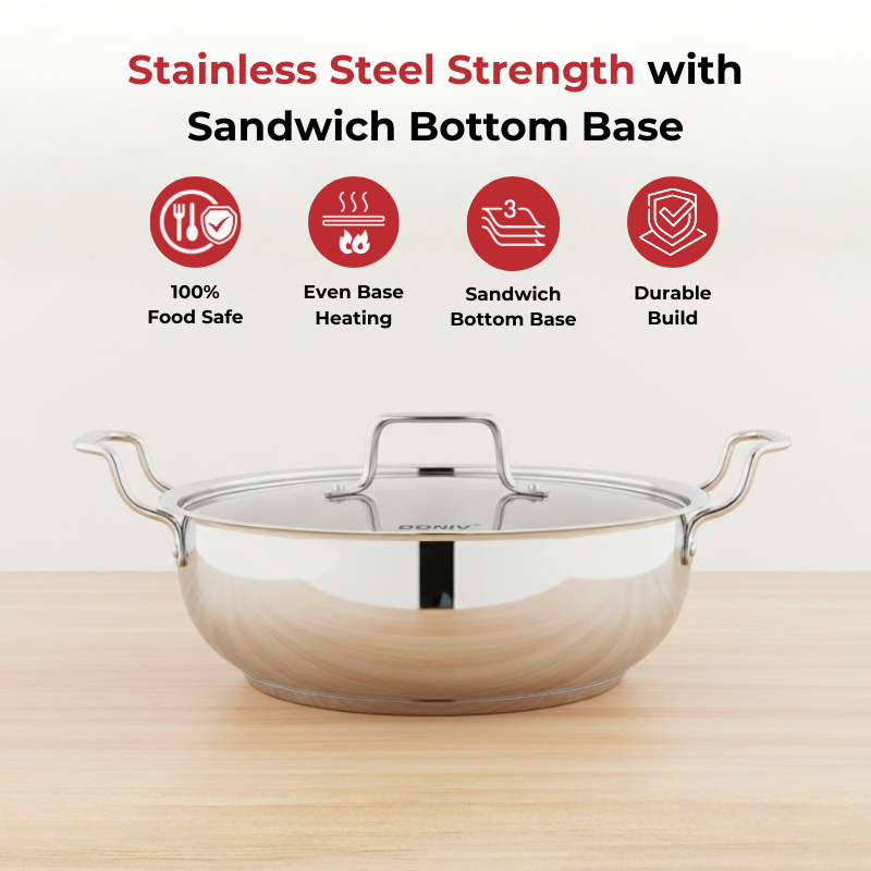 Vinod Doniv Stainless Steel Majestic Sandwich Bottom Kadai with Steel Lid, angled view