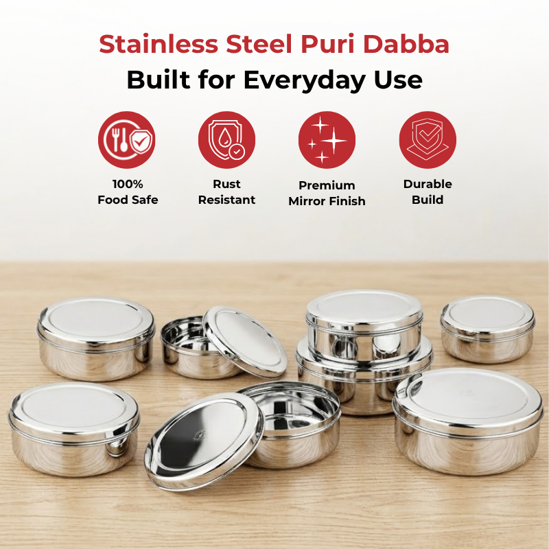 Vinod stainless steel puri dabba set of 8, capacity: 300 ml to 2500 ml, top view