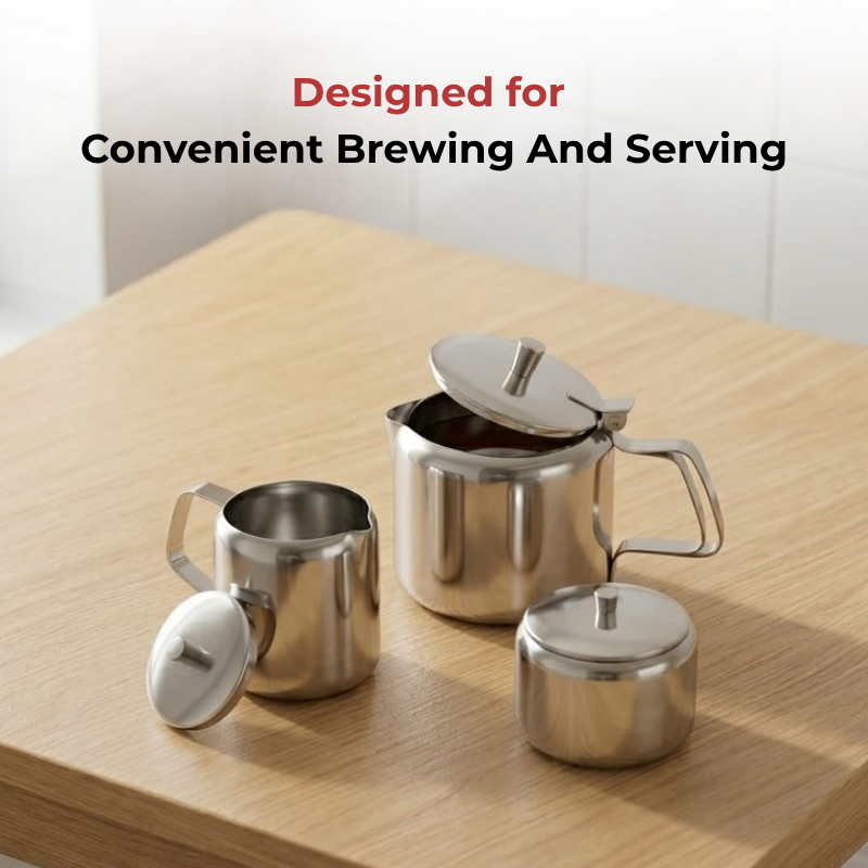 Vinod stainless steel 3 piece medium tea set, 750 ml tea pot with 250 ml milk and sugar pots, top view