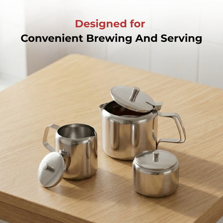 VINOD Stainless Steel 3 Piece Medium Tea Pot Set - 750 ml Tea Pot, 250 ml Milk Pot & 250 ml Sugar Pot, Highest Grade Steel, Mirror Finish, Rust Free