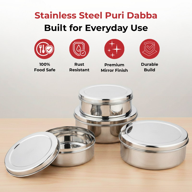 Vinod stainless steel puri dabba set of 4, capacity: 1200 ml, 1500 ml, 2100 ml, 2500 ml, top view
