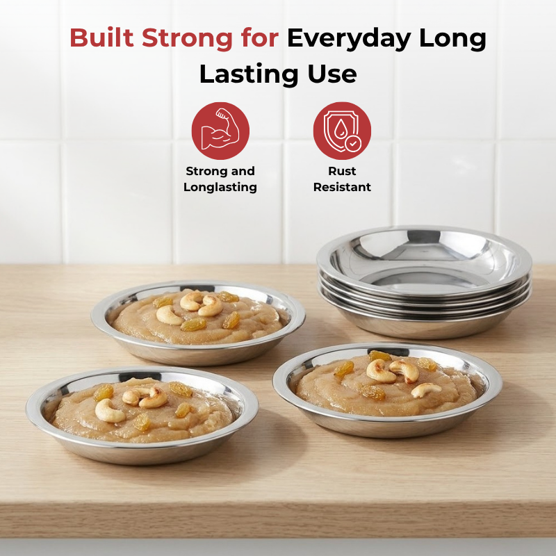 VINOD Stainless Steel Halwa / Dessert Plate Set of 6 Pieces - 11.2 cm, High Grade Stainless Steel, Dishwasher Safe, Rust Free