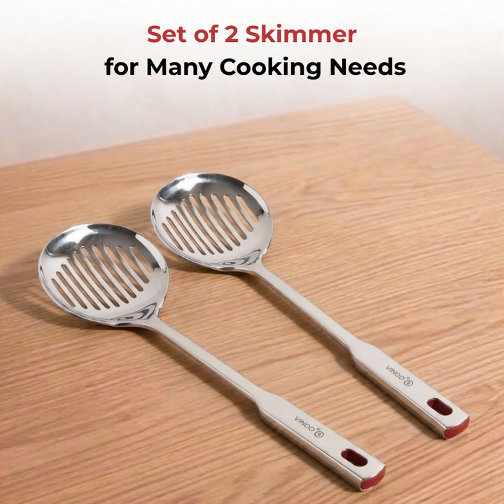 VINOD Stainless Steel Queens Skimmer Slotted Spoon Set of 2 - 36.5 cm, Highest Grade Stainless Steel, Rust Free, Dishwasher Safe - No. 1