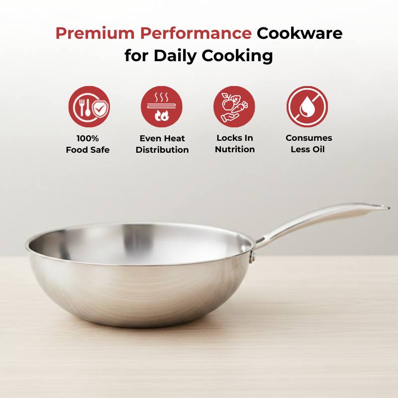 VINOD Doniv Titanium Triply Stainless Steel Wok 26 cms, Capacity 3.30 Liter