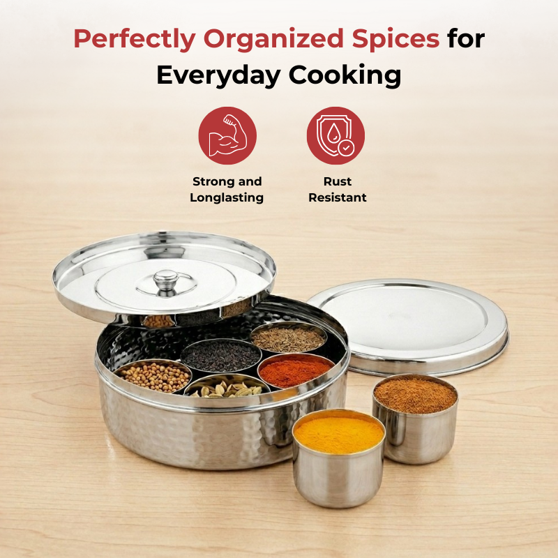 VINOD Hammered Stainless Steel Spice Box / Masala Dabba with 7 Containers, Spoon & Inner Lid, Airtight Body, Rust Free - 8.5 Inch (No.13)