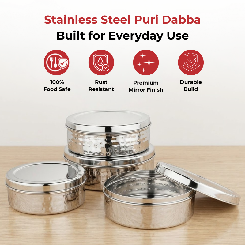 Vinod hammered stainless steel puri dabba set of 4, 300 ml to 1000 ml, airtight lids, top view