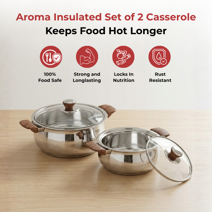 VINOD Stainless Steel Aroma Insulated Casserole with Glass Lid & Wooden Knob – Set of 2 Pcs – Capacity 750 ml & 1250 ml