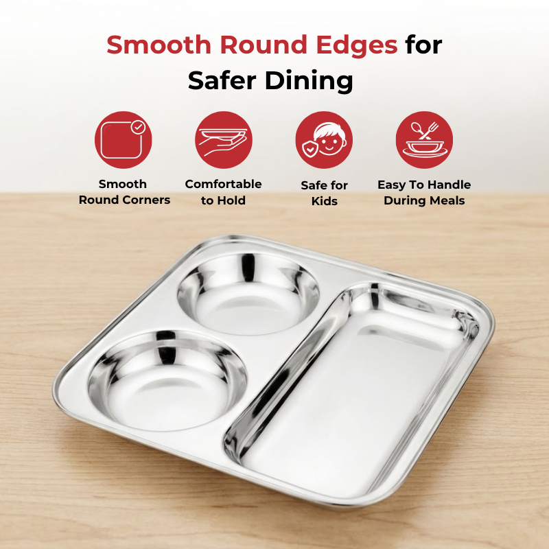 VINOD Stainless Steel 3 In 1 Compartment Plate with Round Edges, Pav Bhaji Plate, Idli Sambhar Plate, Lunch / Dinner Plate [Pack of 2]